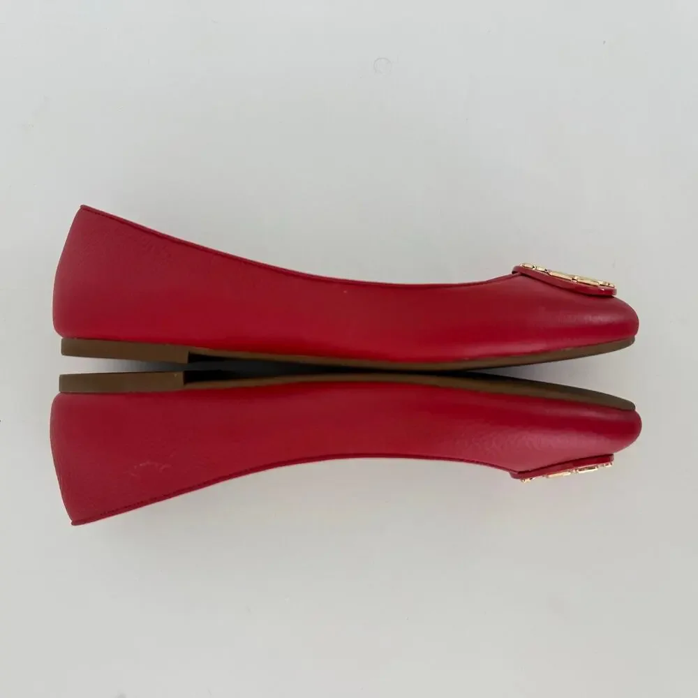 Tory Burch Claire Ballet Flats Round-Toe Brilliant Red Tumbled Leather 7.5M